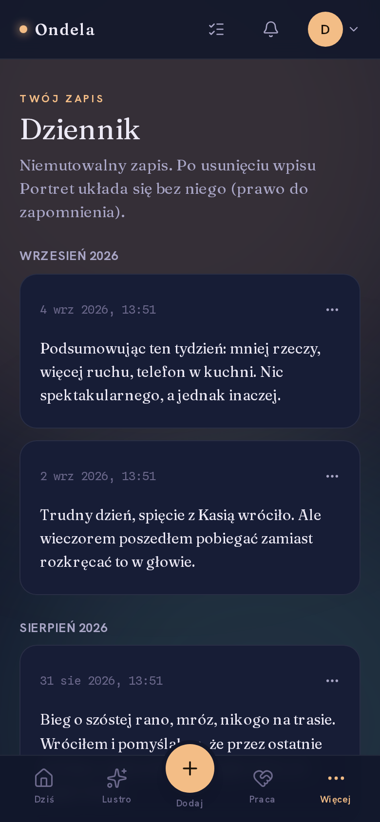 Dziennik — Ekran z konta demonstracyjnego — to nie są niczyje wpisy.