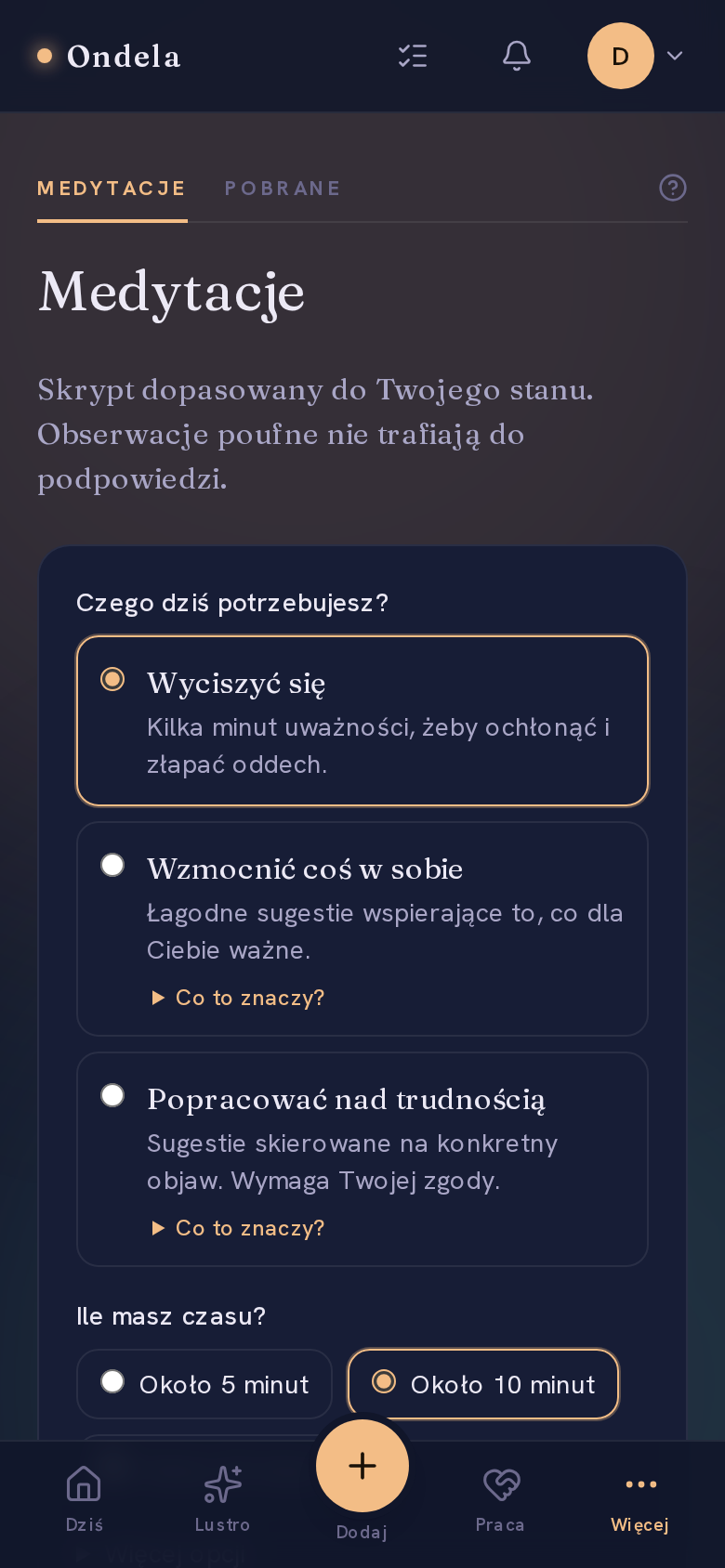 Wybór tego, czego dziś potrzebujesz, i ile masz czasu. — Ekran z konta demonstracyjnego — to nie są niczyje wpisy.